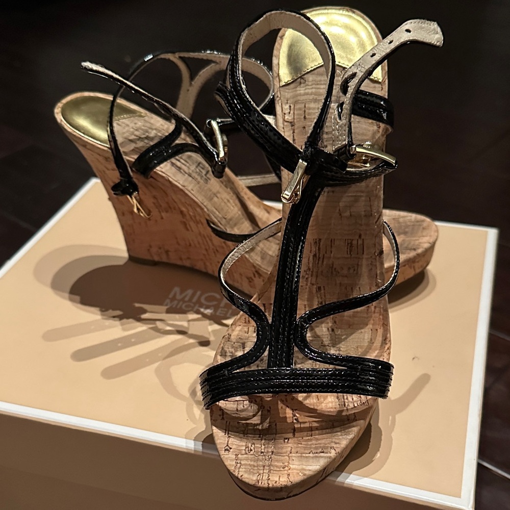 Michael Kors Black Patent Leather Cork Wedge Sandals